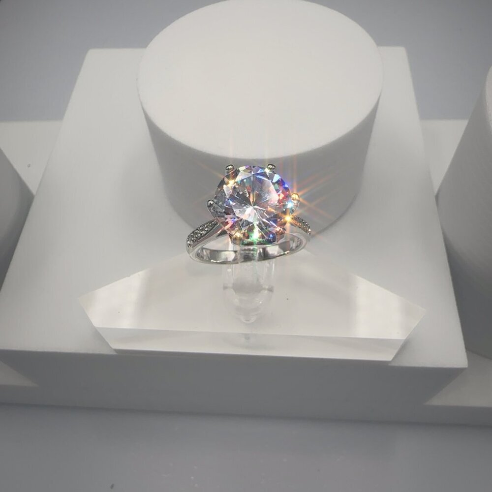 Round Cut Simulated Diamond Engagement Ring With Pave Band In Silver Tone 4CT - Picture 14 of 14